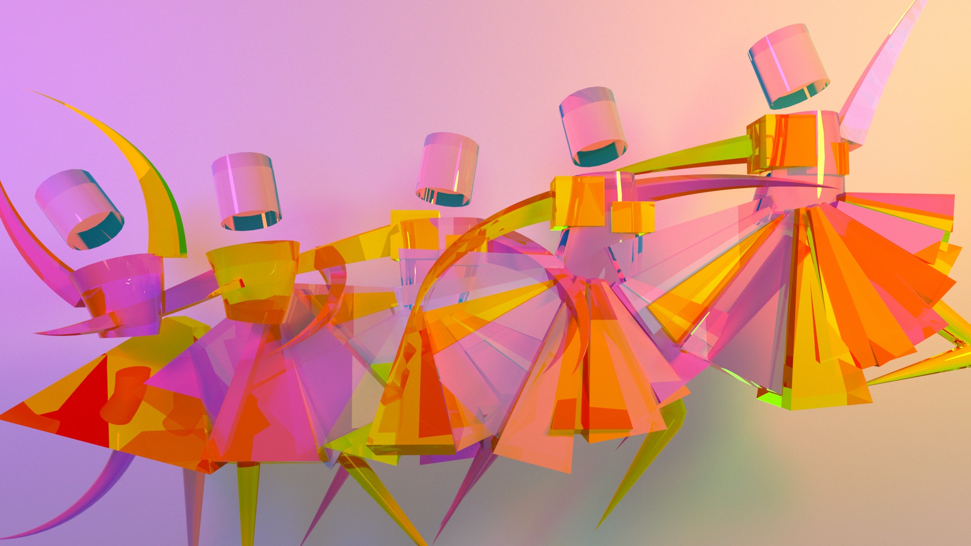 Colorful image of animated geometric dancers leaping across the screen