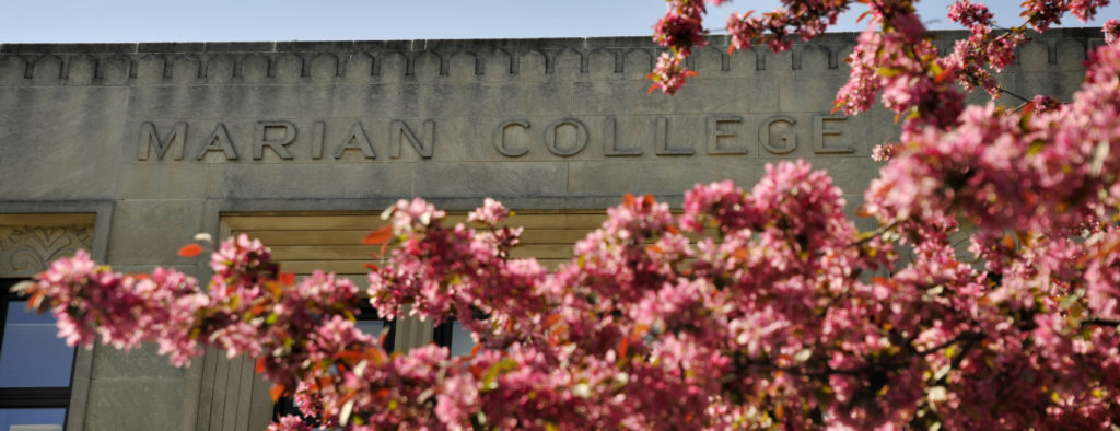 Marian University's stone library peaks through blooming cherry blossoms