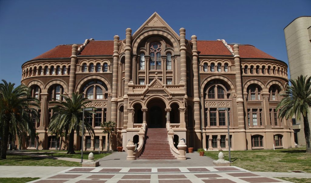 An imposing romanesque revival style building with a red roof and dusky sandstone coloring domicates the picture. Dark green palm trees flank the walkway and red brick staircase leading to the buildings entrance, and a clear blue sky peaks out over the top of the buildings crimson roof tiles.